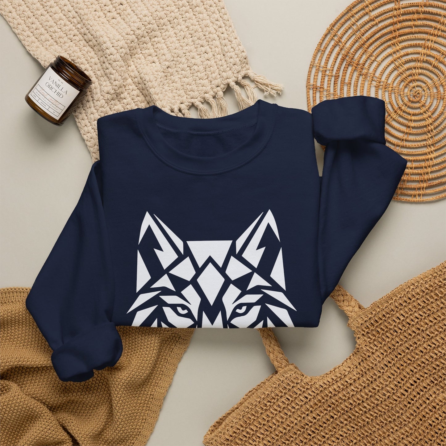 ShadowVector Geometric Wolf Navy Crewneck Sweatshirt