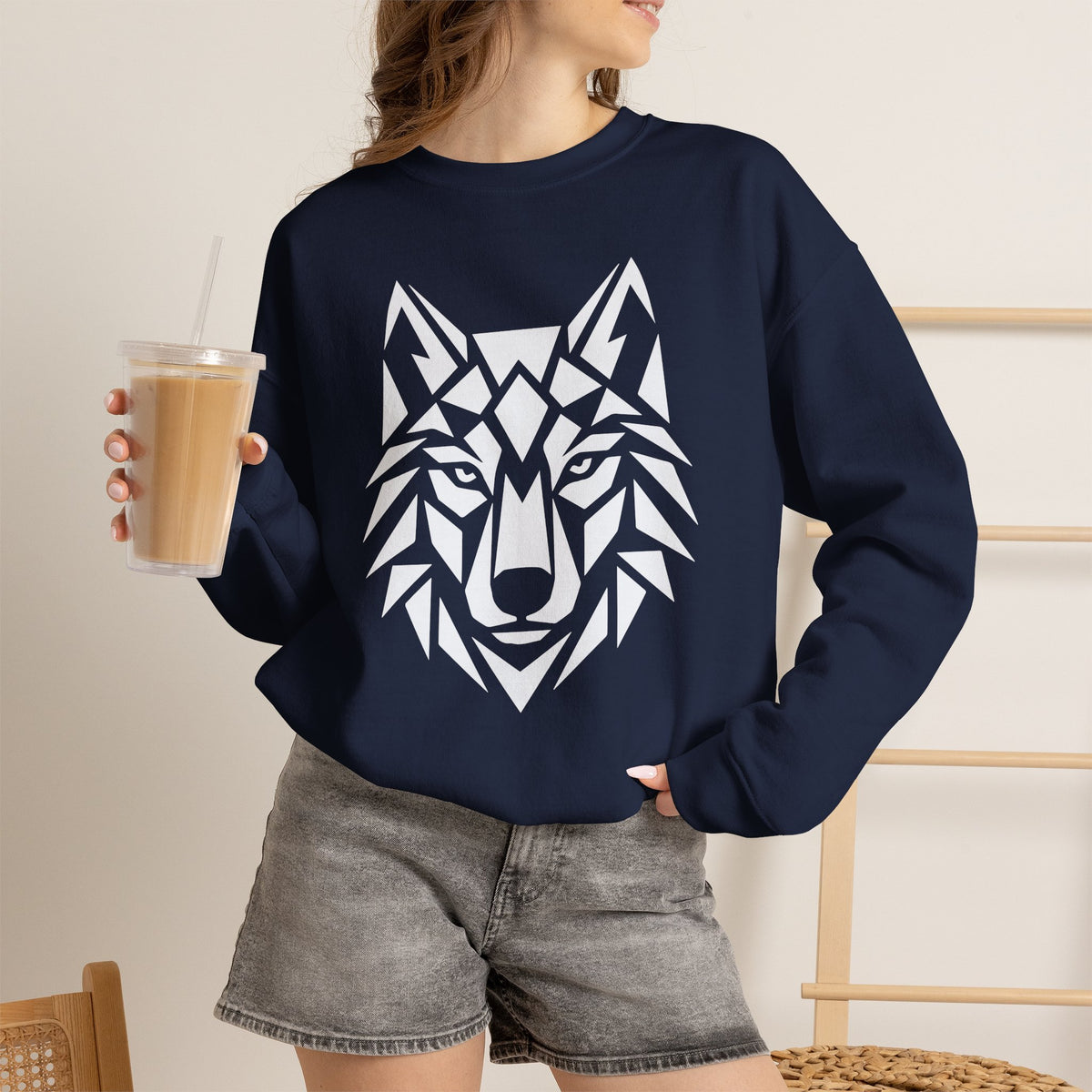ShadowVector Geometric Wolf Navy Crewneck Sweatshirt