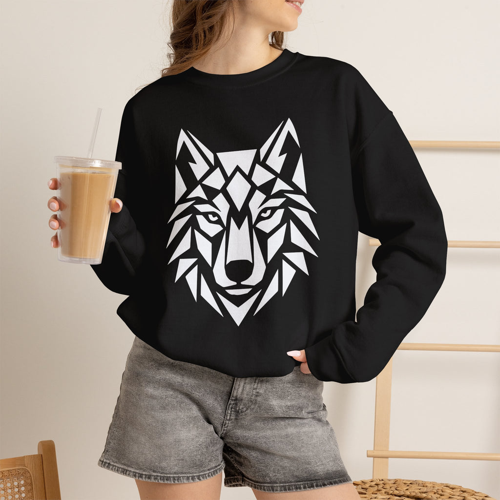 ShadowVector Geometric Wolf Black Crewneck Sweatshirt