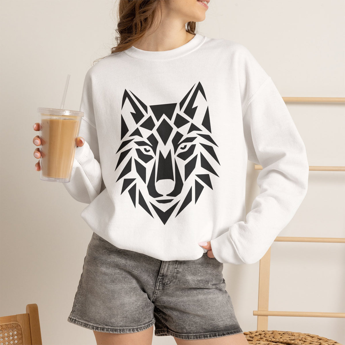 ShadowVector Geometric Wolf White Crewneck Sweatshirt